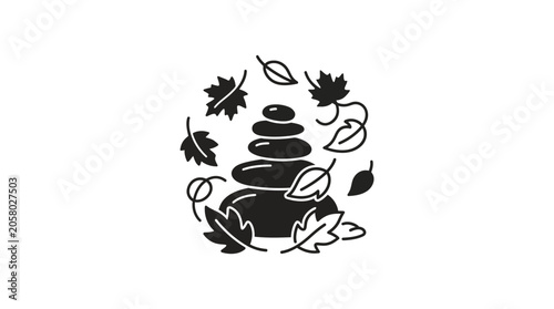 Canvas Print A stack of balanced zen stones surrounded by falling autumn leaves