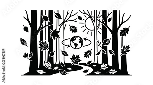 Foto A stylized black and white illustration of a forest scene with a central globe icon