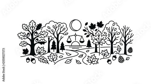 Fotografie Line art illustration of an autumnal forest landscape with a central balance scale symbol