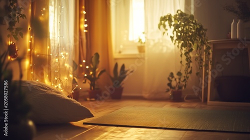 Cozy yoga space bathed in warm light
