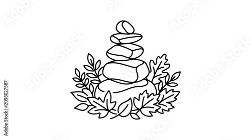 Photography A hand drawn line art illustration of a balanced stone cairn surrounded by autumn leaves