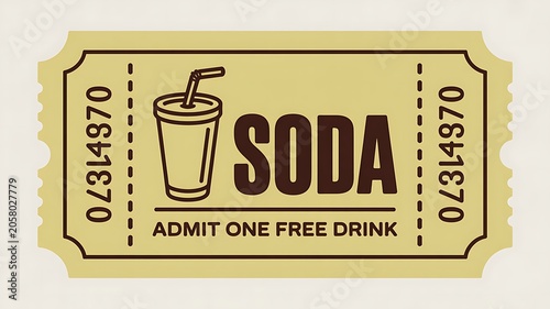 Free drink ticket, soda voucher, yellow coupon, beverage promotion, discount token