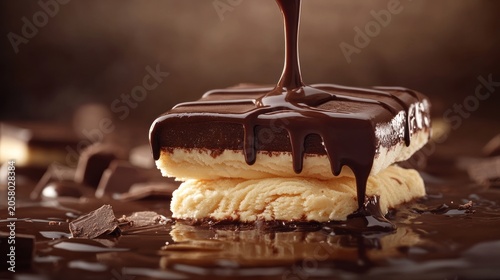 Melted chocolate pouring over ice cream squares
