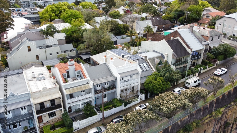 Fototapeta premium Aerial view of original terrace houses in Sydney suburb