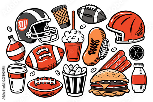 American Football Sports Doodle Set Vector Illustration with Helmet, Jersey, Ball and Fast Food Elements
