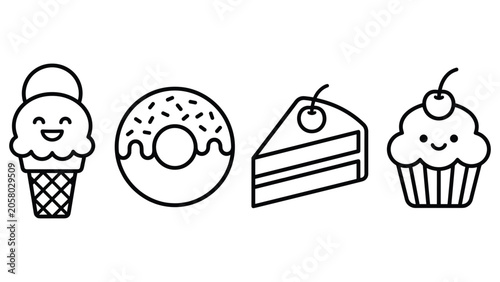 Foto Sweet dessert collection including ice cream donut slice of cake and decorated cupcake art