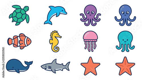 Photography Cute sea animals collection flat vector illustration