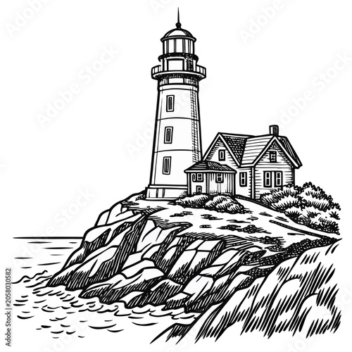 Vintage Lighthouse Coastal Landscape Vector Illustration – Hand Drawn Seaside Cliff Scene
