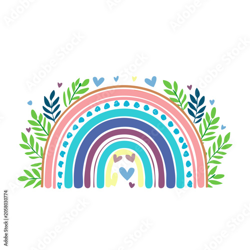 Rainbow arch with palm leaves and dots vector