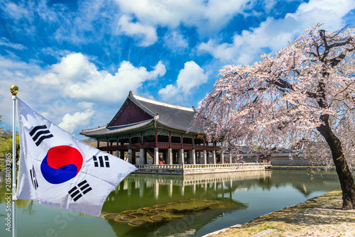 Bild auf Leinwand Gyeongbokgung palace pavilion with cherry blossom tree and flag of South Korea in Seoul