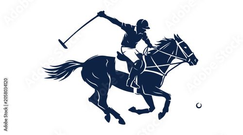 Equestrian player on horseback swinging polo mallet hitting ball in motion