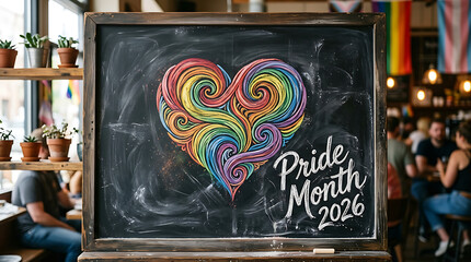Colorful hand-drawn rainbow heart artwork on chalkboard for pride month 2026