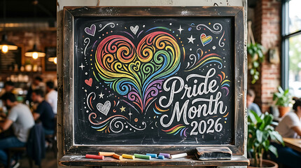 Chalkboard sign featuring rainbow heart and pride month 2026 hand lettering