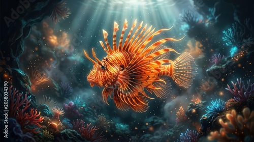 Lionfish swimming among coral reef illuminated by underwater sunlight rays