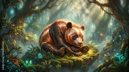 Majestic brown bear resting in a mystical enchanted forest