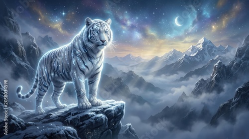 Majestic white tiger standing on rocky cliff overlooking misty mountains under starry sky