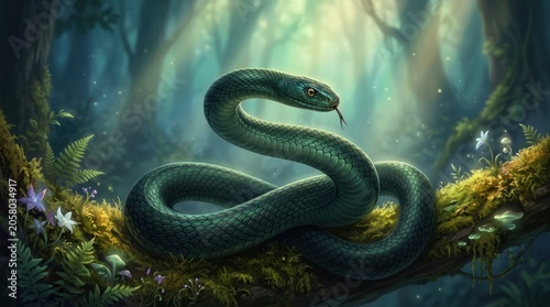 Mystical green serpent coiled on mossy forest floor in enchanted woods