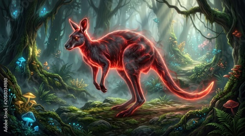 Red glowing kangaroo in magical enchanted forest with luminous flora