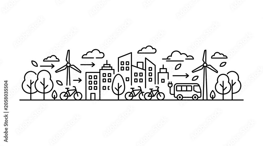 Naklejka premium Line art illustration of a sustainable eco friendly city with wind turbines and green transport.