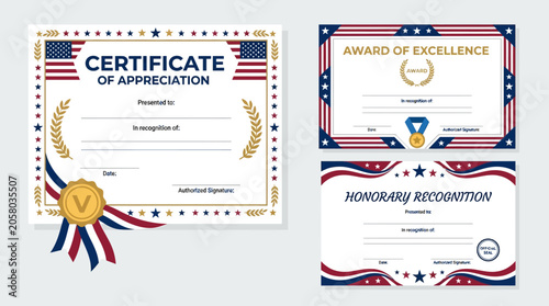 A collection of patriotic award certificates with gold seals and ribbons on a light gray background