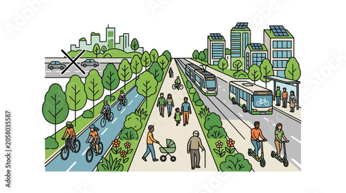 фотографія A vibrant urban street scene featuring sustainable transportation and pedestrian pathways