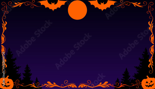 Halloween Themed Decorative Border with Spooky Silhouettes of Bats Trees and Pumpkins for Seasonal Party Invitation Backgrounds