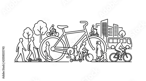 Tableau sur toile Line art illustration featuring urban commuters using various modes of sustainable transportation