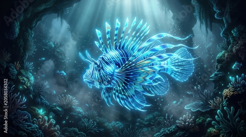 Luminous blue lionfish swimming in a coral reef underwater scene