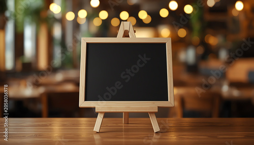 Blackboard menu with easel on wooden table with blur restaurant background, Copy space for adding your content (1)