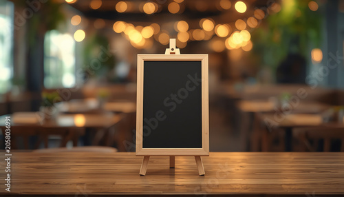 Blackboard menu with easel on wooden table with blur restaurant background, Copy space for adding your content (1)