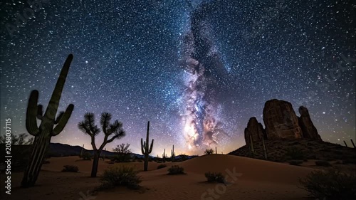 Stunning milky way galaxy visible above silhouetted desert trees and rocks
