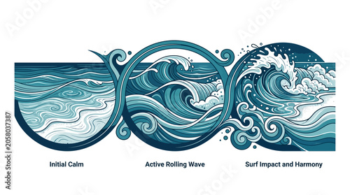 Photos Ocean Wave Progression Vector Illustration with Initial Calm, Active Rolling Wav