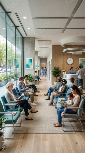 Diverse Individuals Patiently Waiting In A Modern Healthcare Facility Waiting Area