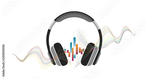 Valokuva Headphones with colorful audio equalizer and sound waves.