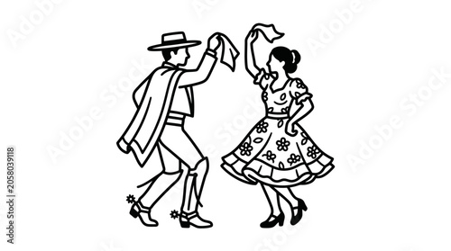 A black and white line art illustration of a couple performing a traditional Chilean cueca dance.