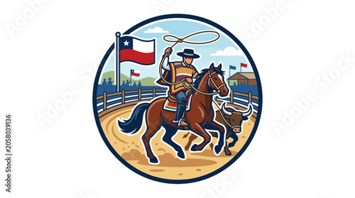 A Chilean huaso riding a horse and swinging a lasso at a bull in a rodeo ring.
