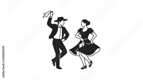 A black and white illustration of a couple dancing in traditional attire.
