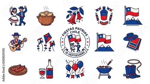 Collection of Chilean Fiestas Patrias icons featuring traditional cultural symbols and festive elements.