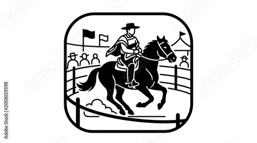 Принти на полотні A black and white illustration of a Chilean huaso riding a horse in a rodeo arena