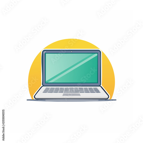 Yellow laptop with blue screen and keyboard