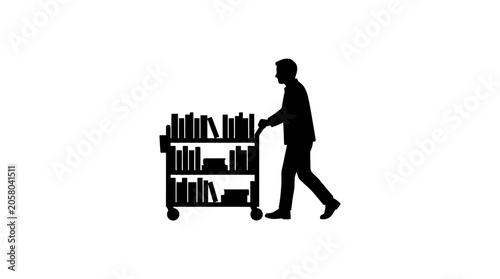 A silhouette of a person pushing a library cart filled with books.