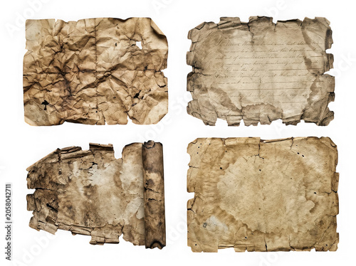 Four vintage parchment paper pieces with aged texture