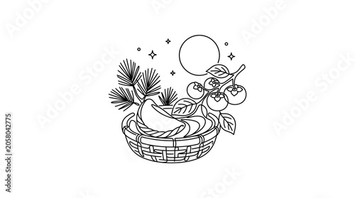 Schilderij op canvas A detailed line art illustration of a woven basket filled with pine branches and persimmons under a night sky