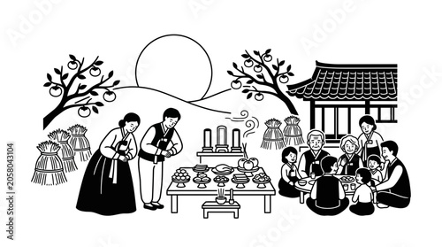 Cuadro en lienzo Korean family performing traditional Chuseok ancestral rites and gathering together