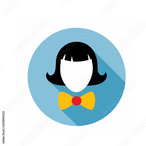 Female silhouette with bow tie icon on blue circle