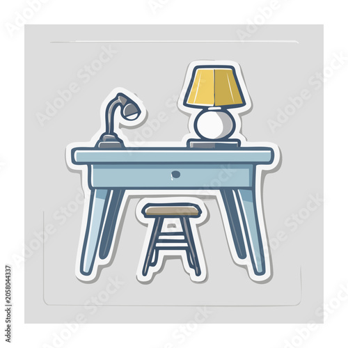 Flat design illustration of a study desk with lamp and stool