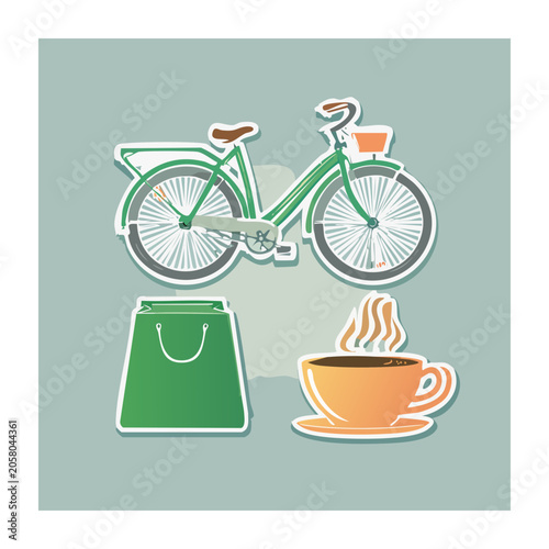 Flat design illustration of bicycle, shopping bag, and coffee cup