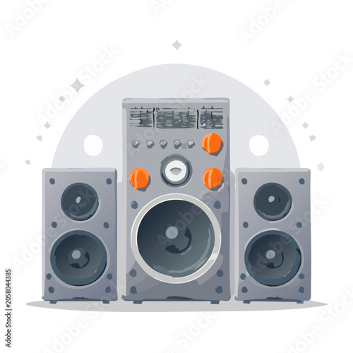 Flat design stereo system with speakers and subwoofer