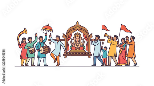 Foto A vibrant illustration of a traditional Indian procession featuring a Ganesha idol being carried by devotees