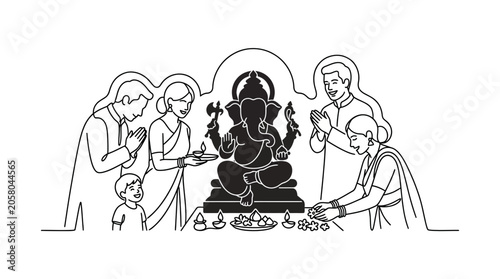 Canvas Print Indian family performing traditional prayer ritual to Lord Ganesha